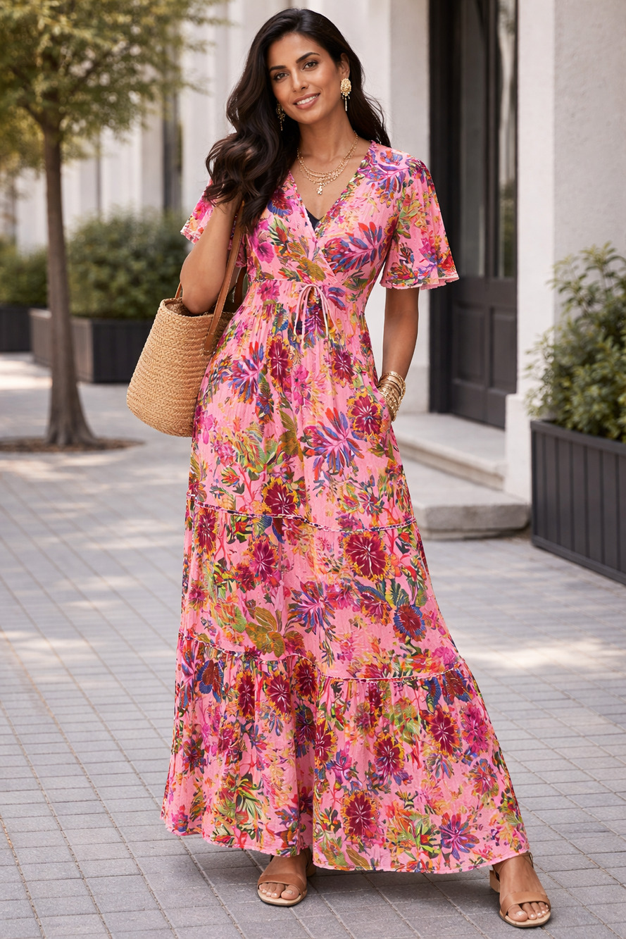 Me 2 Magic Floral Maxi Dress | Boho Flowy Viscose Resort Vacation Dress | Size L